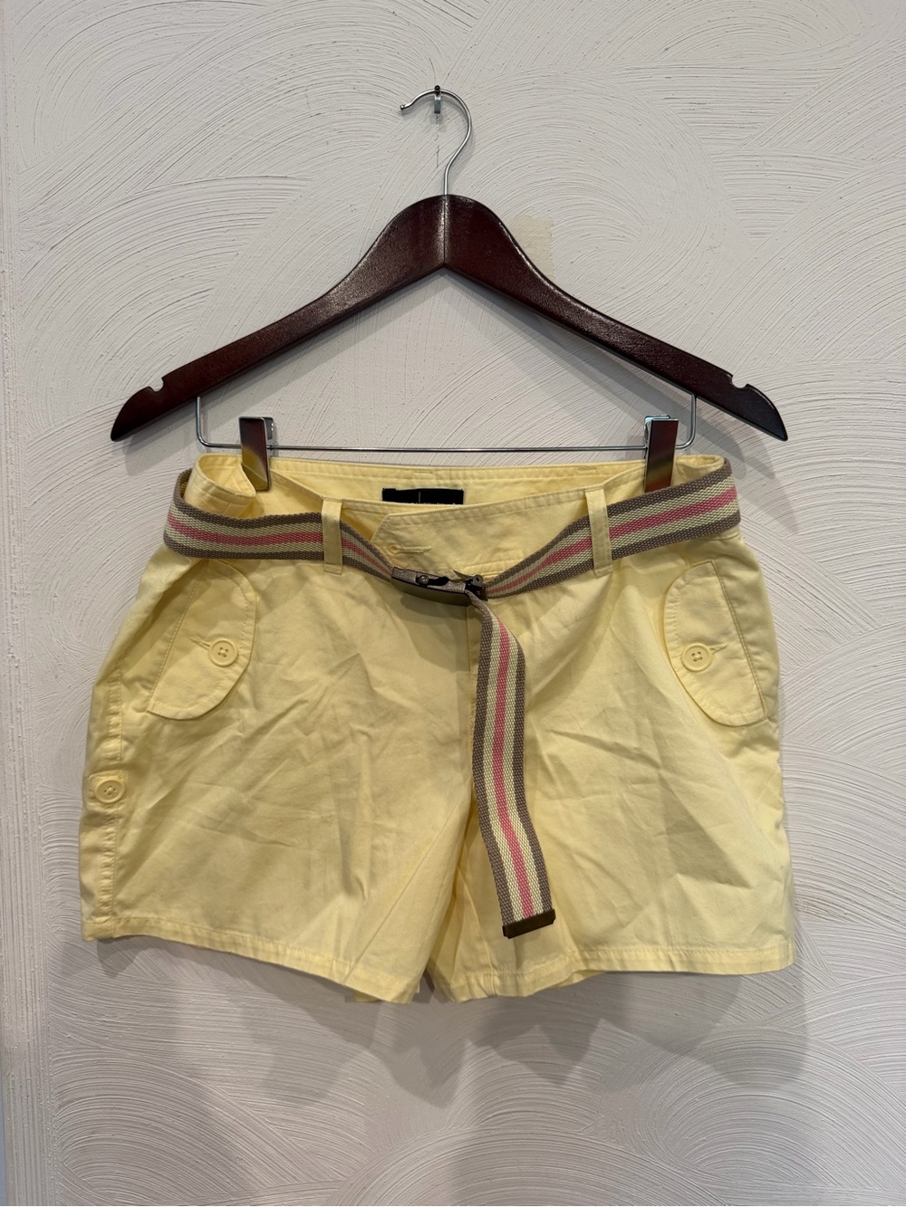 MODA Women's Light Yellow Cotton Bermuda Shorts with Striped Web Belt